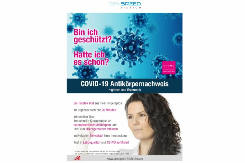 Anikoerpertestungen.jpg Plakat zum COVID-19 Antikörpernachweis mit Illustration von Viren und einer Frau, die Informationen bietet.