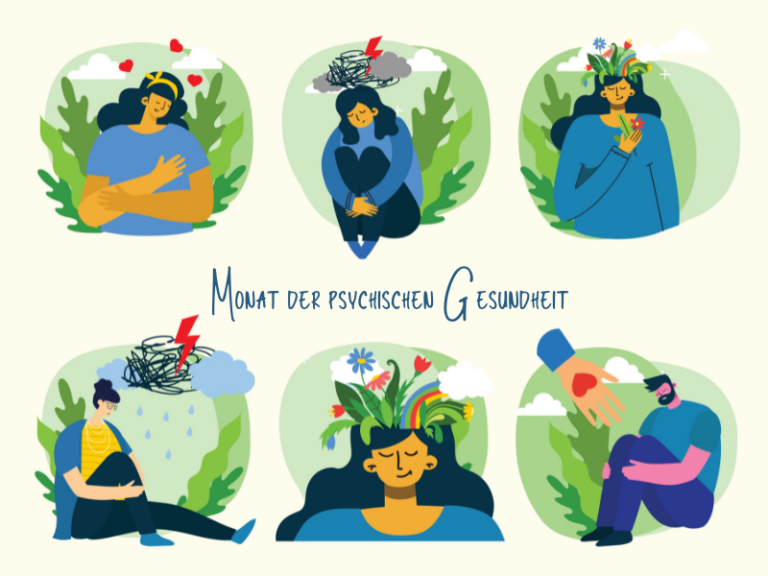 Illustration zum Monat der psychischen Gesundheit mit sechs Szenen, die emotionale Themen und Selbstfürsorge darstellen.