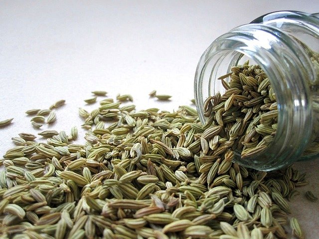 fenchel.jpg Eine umgekippte Glasflasche mit Kreuzkümmelsamen, die auf einer Oberfläche verstreut sind.