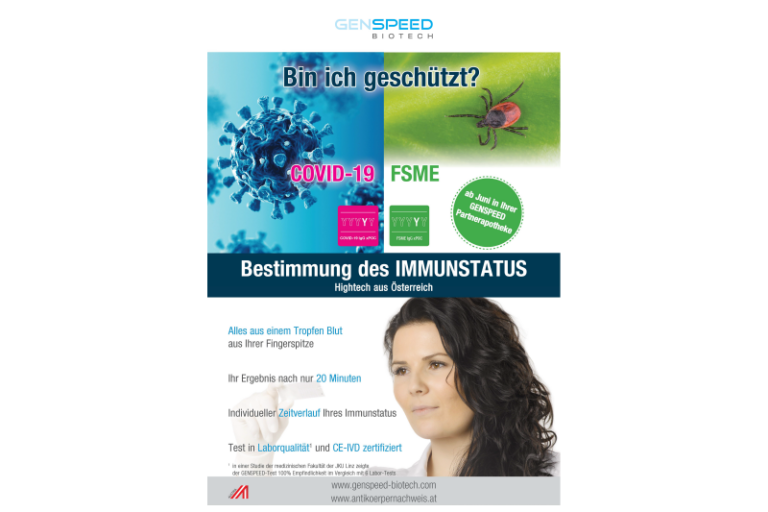 Werbung für einen Immunstatus-Test zu COVID-19 und FSME mit Grafiken und einer Person mit dunklen Locken.