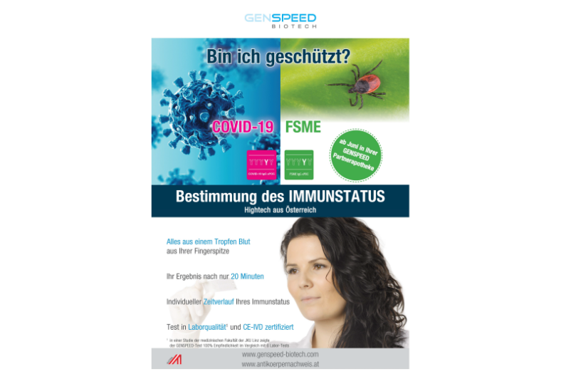 Werbung für einen Immunstatus-Test zu COVID-19 und FSME mit Grafiken und einer Person mit dunklen Locken.