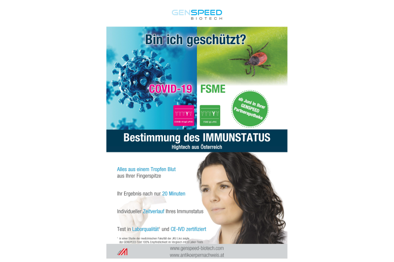 fsme-antikoerperbestimmmung.png Werbung für einen Immunstatus-Test zu COVID-19 und FSME mit Grafiken und einer Person mit dunklen Locken.