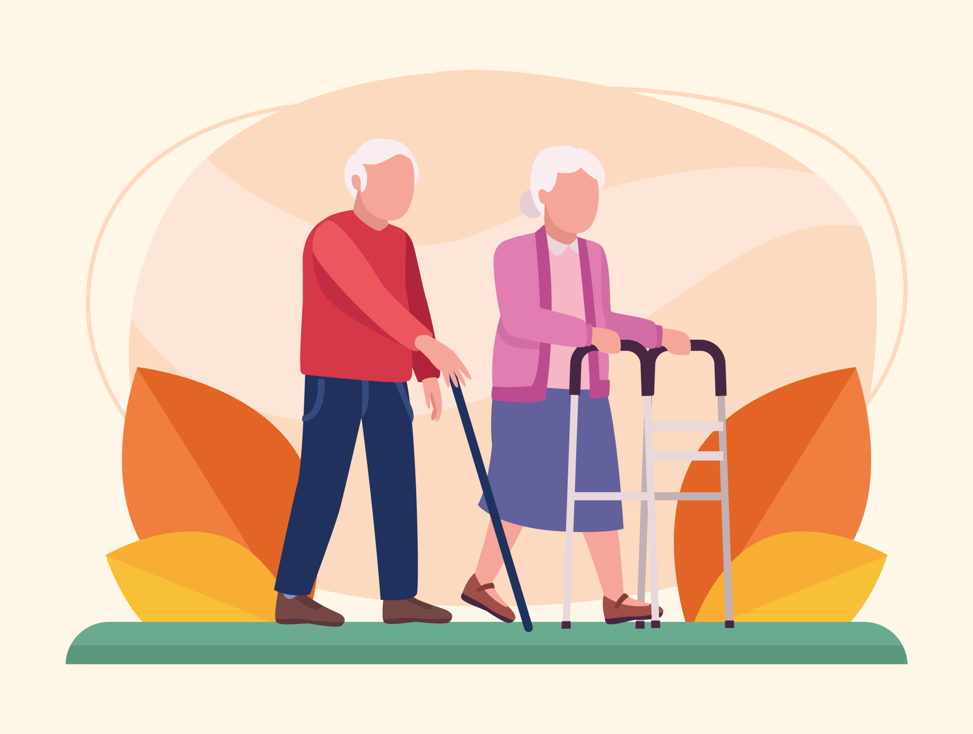 Parkinson.png Ein älteres Paar geht zusammen, der Mann mit einem Gehstock und die Frau mit einem Rollator, umgeben von bunten Laubblättern.