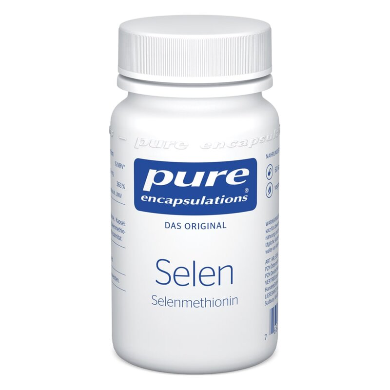 Weißes Fläschchen mit Schraubverschluss, beschriftet mit 'Selen Selenmethionin' von Pure Encapsulations.