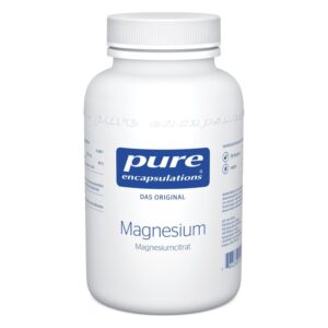 Weißer Kunststoffbehälter mit blauem Etikett, enthält Magnesium in Form von Magnesiumcitrat, vegan.