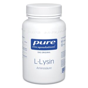 Weißer Behälter mit Schraubverschluss, beschriftet mit "pure L-Lysin" und "Aminosäure", 500 mg.