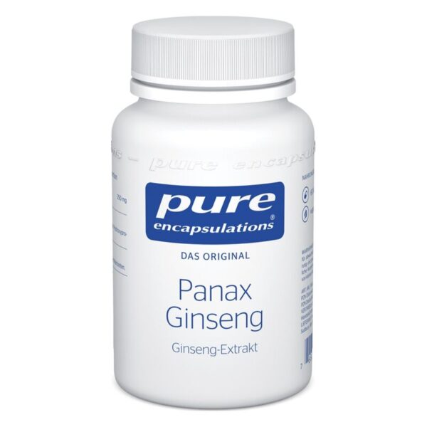 Weißer Plastikbehälter mit Schraubverschluss und blauem Etikett, beschriftet mit 'Pure Encapsulations Panax Ginseng'.