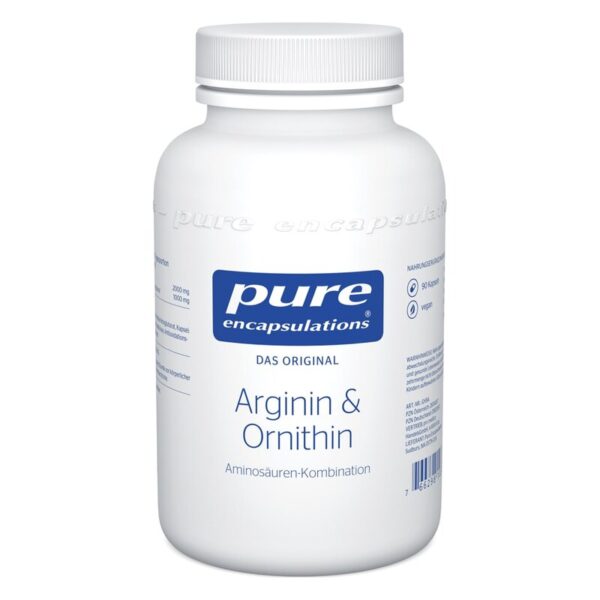 Weißer Plastikbehälter mit Schraubverschluss, beschriftet mit "pure encapuslations Arginin & Ornithin".