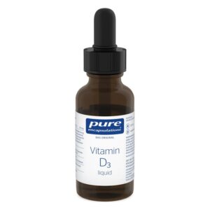 Braune Glasflasche mit schwarzem Tropfenverschluss, enthält flüssiges Vitamin D3, etikettiert mit Inhaltsstoffen.