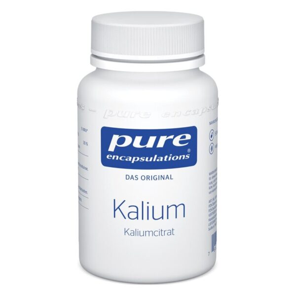 Weißer Kunststoffbehälter mit einem grauen Deckel, beschriftet mit "pure encapsulations Kalium" und Nährstoffinformationen.