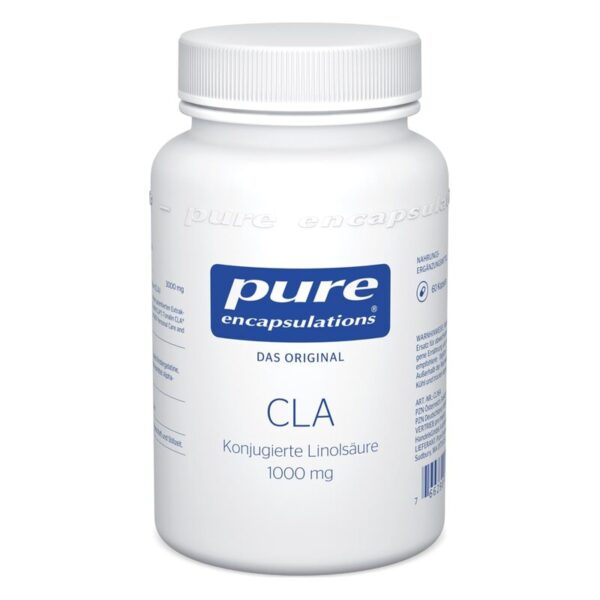 Weißer Kunststoffbehälter mit Schraubverschluss, beschriftet mit 'pure encapsulations CLA' und Informationen über das Produkt.