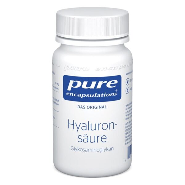 Weißer Behälter mit blauer Schrift, enthält Hyaluronsäure von Pure Encapsulations, Schraubdeckel.