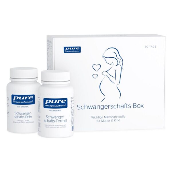Schwangerschafts-Box mit zwei Flaschen Nahrungsergänzungsmitteln und einer Verpackung, die eine schwangere Frau zeigt.