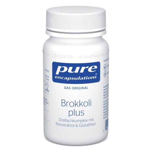 Weißes Fläschchen mit Schraubverschluss, beschriftet mit 'Brokkoli plus', enthält Nahrungsergänzungsmittel, wirkt als Antioxidans.
