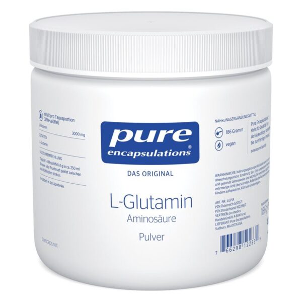 Weißer Kunststoffbehälter mit Schraubverschluss, enthält L-Glutamin Pulver, vegan, 186 Gramm.