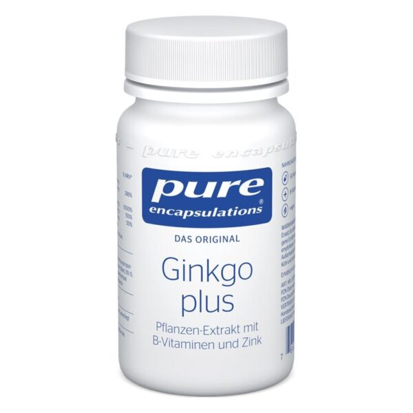 Weißer Kunststoffbehälter mit Schraubverschluss, beschriftet mit Ginkgo plus, B-Vitaminen und Zink.