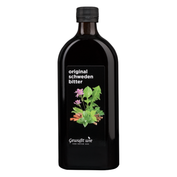 Schwarze Flasche mit Etikett "original schwedisches bitter" und Abbildung von Pflanzen und Zimtstangen.