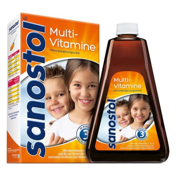 Verpackung von Sanostol Multivitaminen mit einem Fläschchen und einer Schachtel, abgebildete Kinder lächeln.