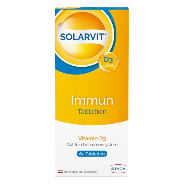 Packung mit 60 Solarvit D3-Tabletten zur Unterstützung des Immunsystems in leuchtend gelber Verpackung.