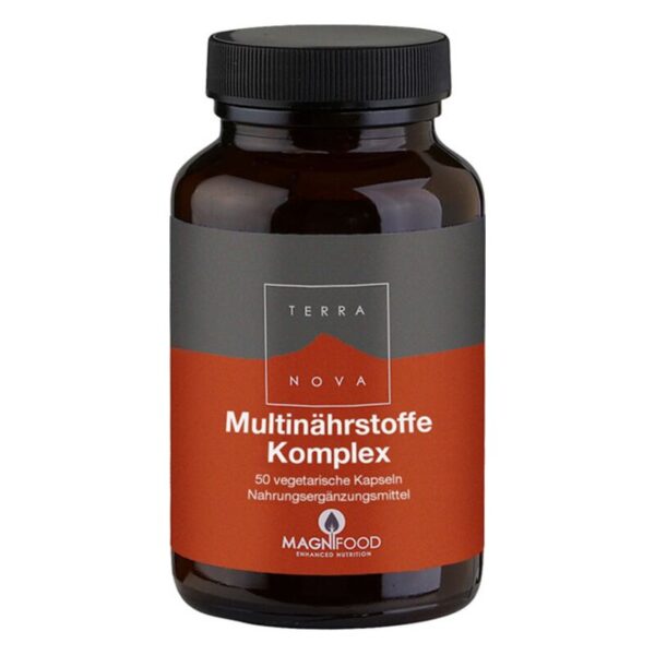 Dunkelbraune Flasche mit schwarzem Deckel, beschriftet mit Multinährstoffe Komplex von Terra Nova.