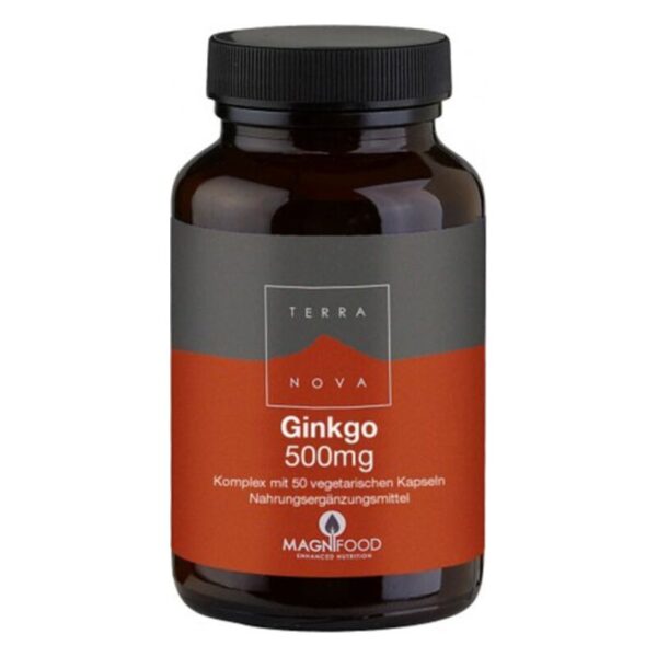 Braune Verpackung mit schwarzem Deckel, Etikett in Grau und Orange, enthält Ginkgo-Nahrungsergänzungsmittel in Kapseln.