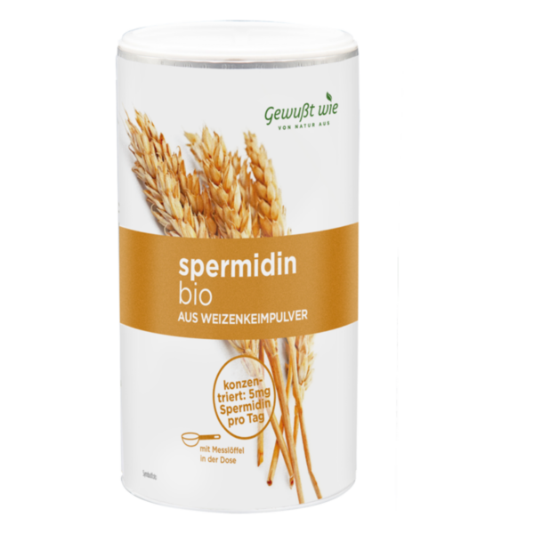 Dose mit Bio-Spermidin aus Weizenkeimpulver, dekoriert mit Weizenhalmen und einem Messlöffel im Deckel.