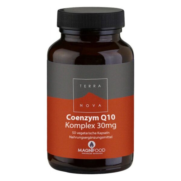 Brauner Glasbehälter mit schwarzem Deckel, etikettiert mit 'Coenzym Q10 Komplex 30mg', enthält 50 veget. Kapseln.