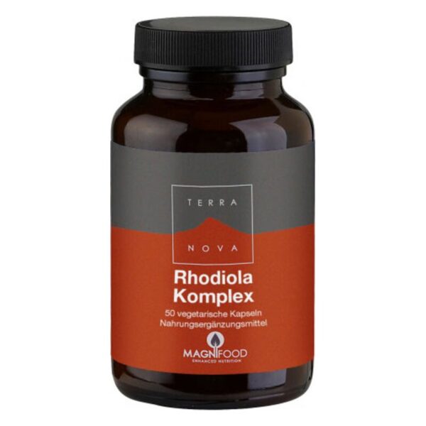 Schwarze Flasche mit rotem Etikett, enthält Rhodiola Komplex, Nahrungsergänzungsmittel in Kapseln.