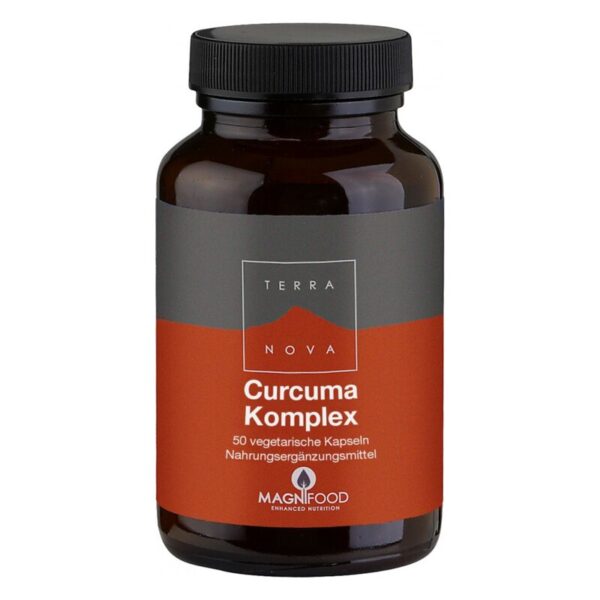 Braunes Glasbehälter mit schwarzem Deckel, Inhalt: 50 vegetarische Kapseln, Produktname: Curcuma Komplex.