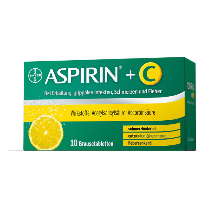 Packung mit ASPIRIN + C Brausetabletten, gelb-grünes Design, mit Zitrone und Wirkstoffen.