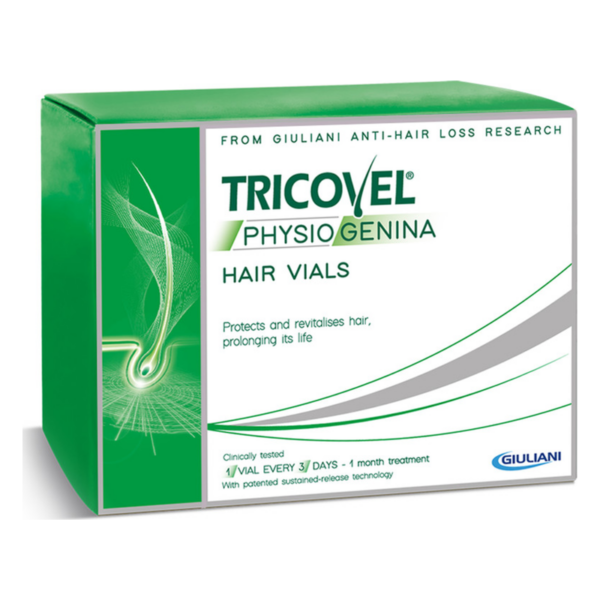 Grüne Verpackung von Tricovel PhysioGenina Haarampullen mit dem Hinweis auf den Schutz und die Revitalisierung von Haaren.