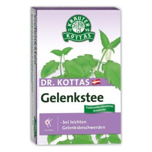 Verpackung von Dr. Kottas Gelenkstee mit grünen Pflanzenmotiven und Hinweisen zu Gelenkbeschwerden.