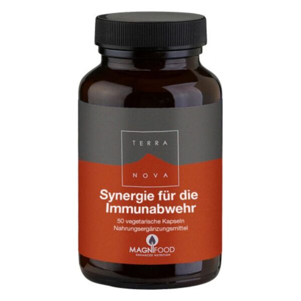 Braune Kunststoffflasche mit schwarzem Deckel, Etikett in Grau und Orange, Nahrungsergänzungsmittel für die Immunabwehr.