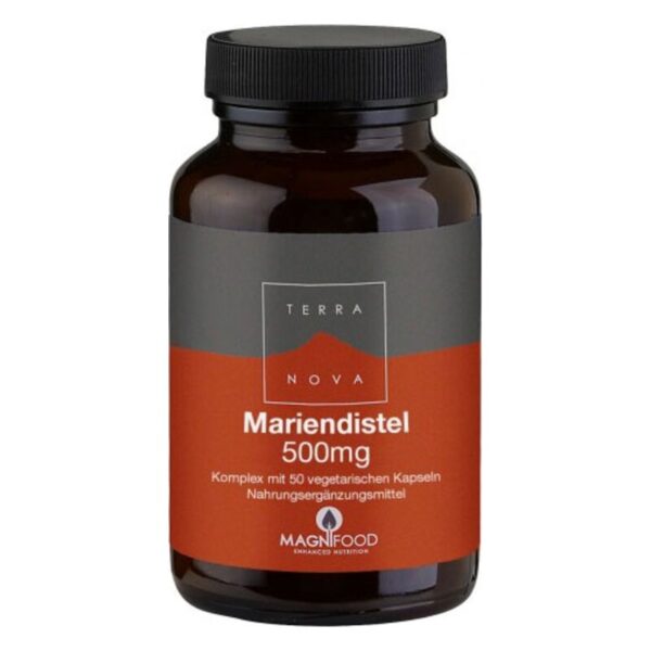 Braune Glasflasche mit schwarzem Deckel, enthält Mariendistel-Kapseln, 500 mg, 50 Stück, von Terra Nova.