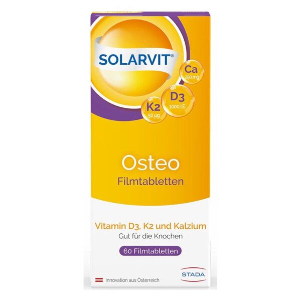 Verpackung von Solarvit Osteo Filmtabletten mit Angaben zu Vitamin D3, K2 und Calcium für die Knochengesundheit.