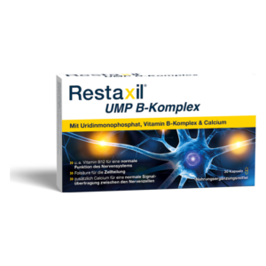 Verpackung von Restaxil UMP B-Komplex, zeigt informative Details zu Inhaltsstoffen und Funktion für das Nervensystem.