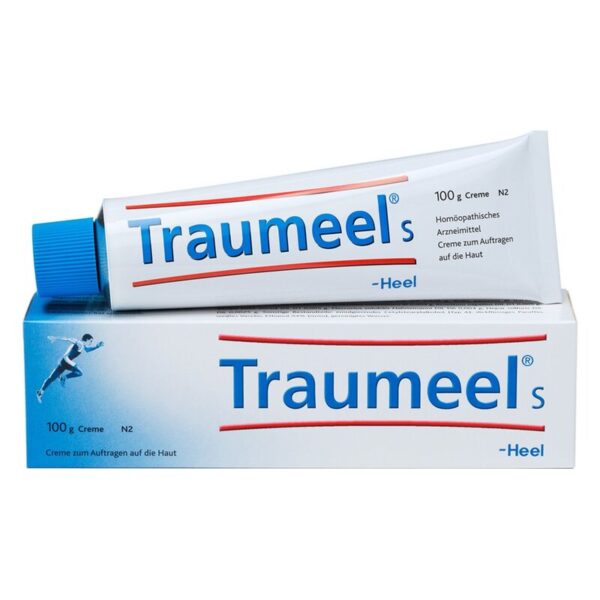 Tube und Verpackung von Traumeel S, einer homöopathischen Creme zur äußeren Anwendung auf der Haut.