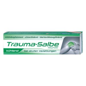 Verpackung einer Trauma-Salbe mit kühlender Wirkung, beschriftet mit Anwendung bei akuten Verletzungen.