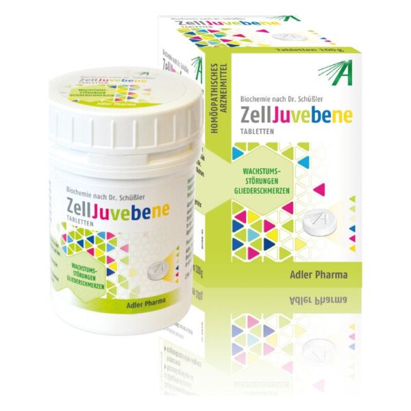 Packung und Dose von ZellJuvenebe, einem homöopathischen Arzneimittel gegen Wachstumsstörungen und Gliederschmerzen.