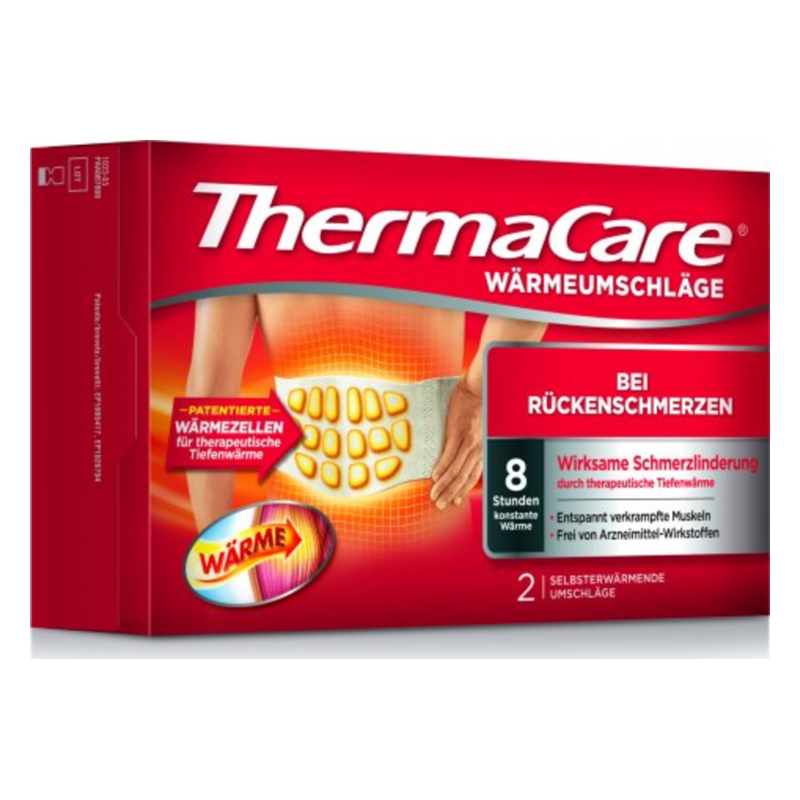 Verpackung von ThermaCare Wärmumschlägen zur Schmerztherapie bei Rückenschmerzen.