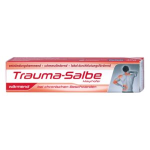 Tube mit Trauma-Salbe von Mayrhofer, die schmerzlindernde und wärmende Wirkung bei chronischen Beschwerden verspricht.