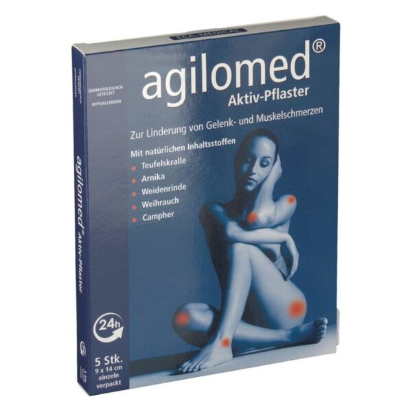 Packung agiolomed Aktiv-Pflaster zur Linderung von Gelenk- und Muskelschmerzen mit Inhaltstoffen wie Arnika und Teufelskralle.