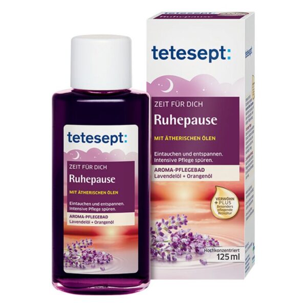 Flasche und Verpackung von tetesept Ruhepause, einem Aromapflegebad mit Lavendel- und Orangenöl, 125 ml.