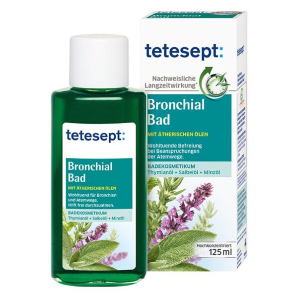 Flasche Tetesept Bronchial Bad mit ätherischen Ölen, zur Befreiung der Atemwege, in Verpackung mit Kräuterabbildung.