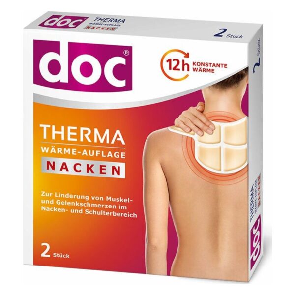 Verpackung einer Wärmeauflage für den Nacken mit Informationen zur Anwendung und Wirkdauer.