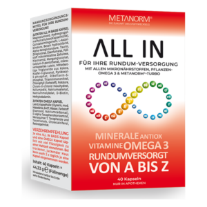 Verpackung von Metanorm 'ALL IN' Nahrungsergänzungsmittel mit 40 Kapseln für umfassende Vitamin- und Mineralstoffversorgung.