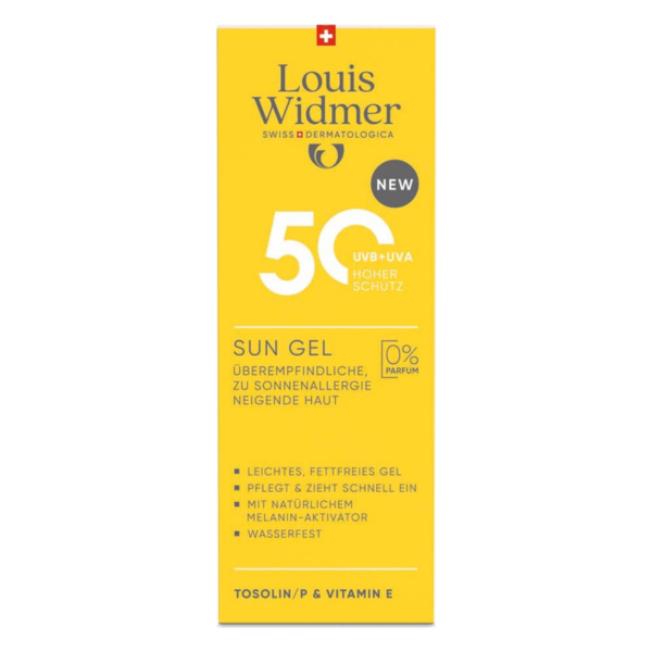 Gelverpackung von Louis Widmer mit 50 UVB+UVA Schutz für sonnenempfindliche Haut, wasserfest und ohne Parfüm.