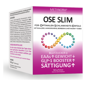 Verpackung von OSE SLIM, einem Nahrungsergänzungsmittel zur Unterstützung beim Abnehmen, mit Inhaltsstoffen und Anwendungshinweisen.