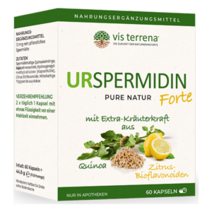 Verpackung eines Nahrungsergänzungsmittels mit dem Namen Urspermidin Forte, enthalten sind Quinoa und Citrus-Bioflavonoide.