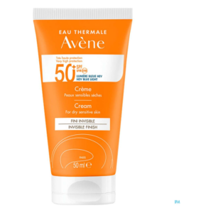 Sonnenschutzcreme von Avène für trockene, empfindliche Haut in orangefarbener Tube mit Lichtschutzfaktor 50.